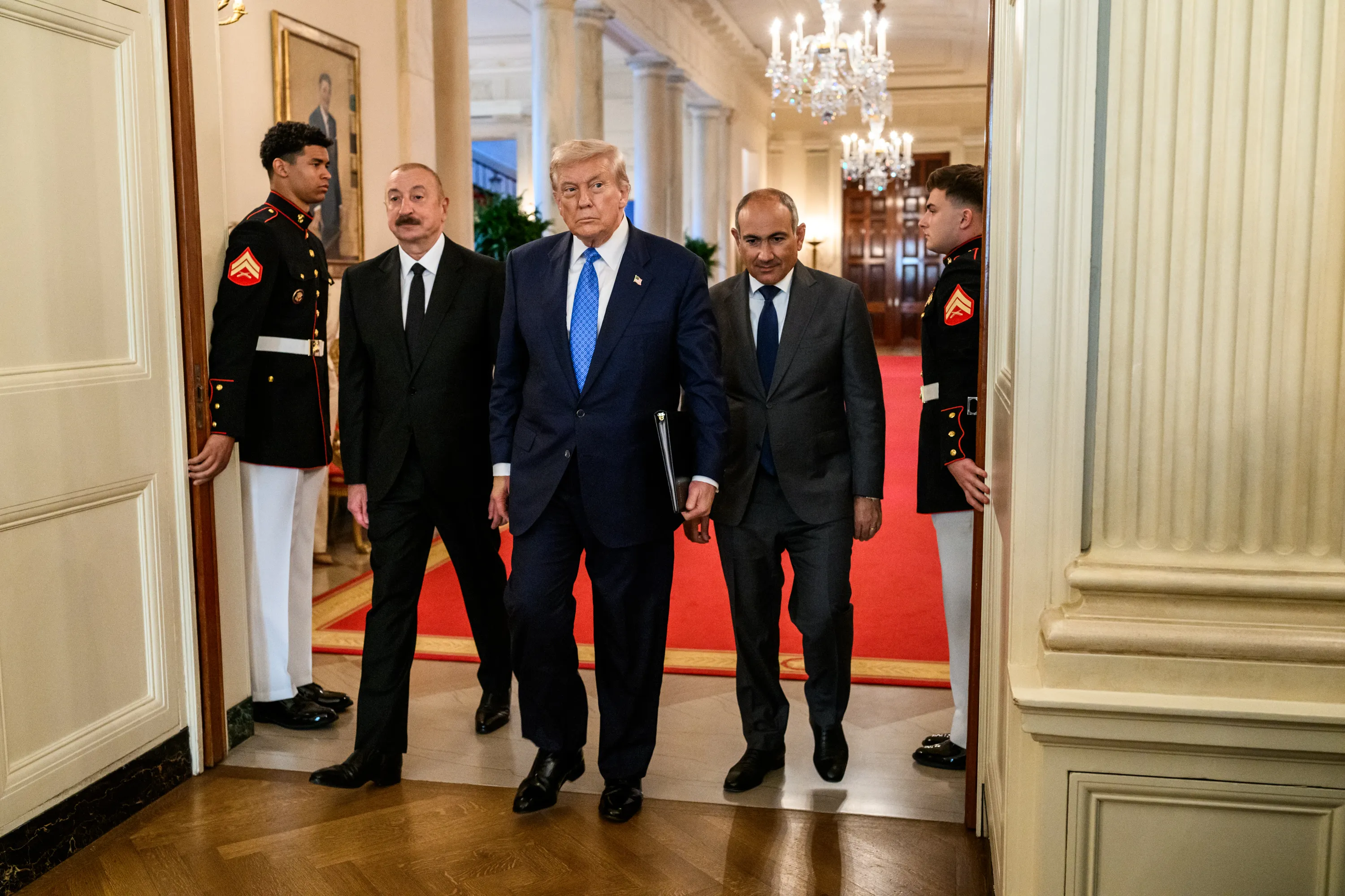 President Trump signs a trilateral joint declaration with President Ilham Aliyev of Azerbaijan and Prime Minister Nikol Pashinyan of Armenia in the State Dining Room.