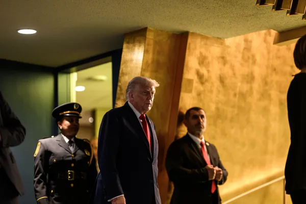 President Trump delivers remarks at the podium of the 80th UN General Assembly.