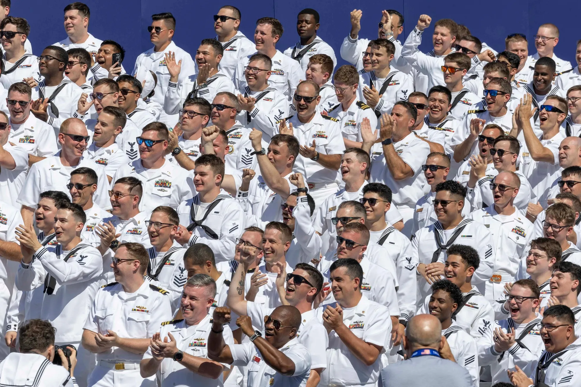 President Trump addresses approximately 15,000 sailors at Pier 14 during the Navy 250th All Hands Call at Naval Station Norfolk.