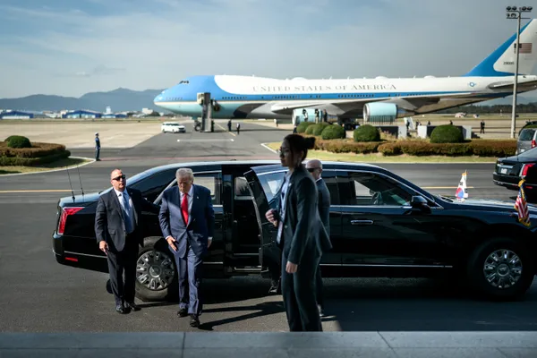 President Trump arrives for a bilateral meeting with Chinese President Xi Jinping at Gimhae International Airport, Busan, South Korea.