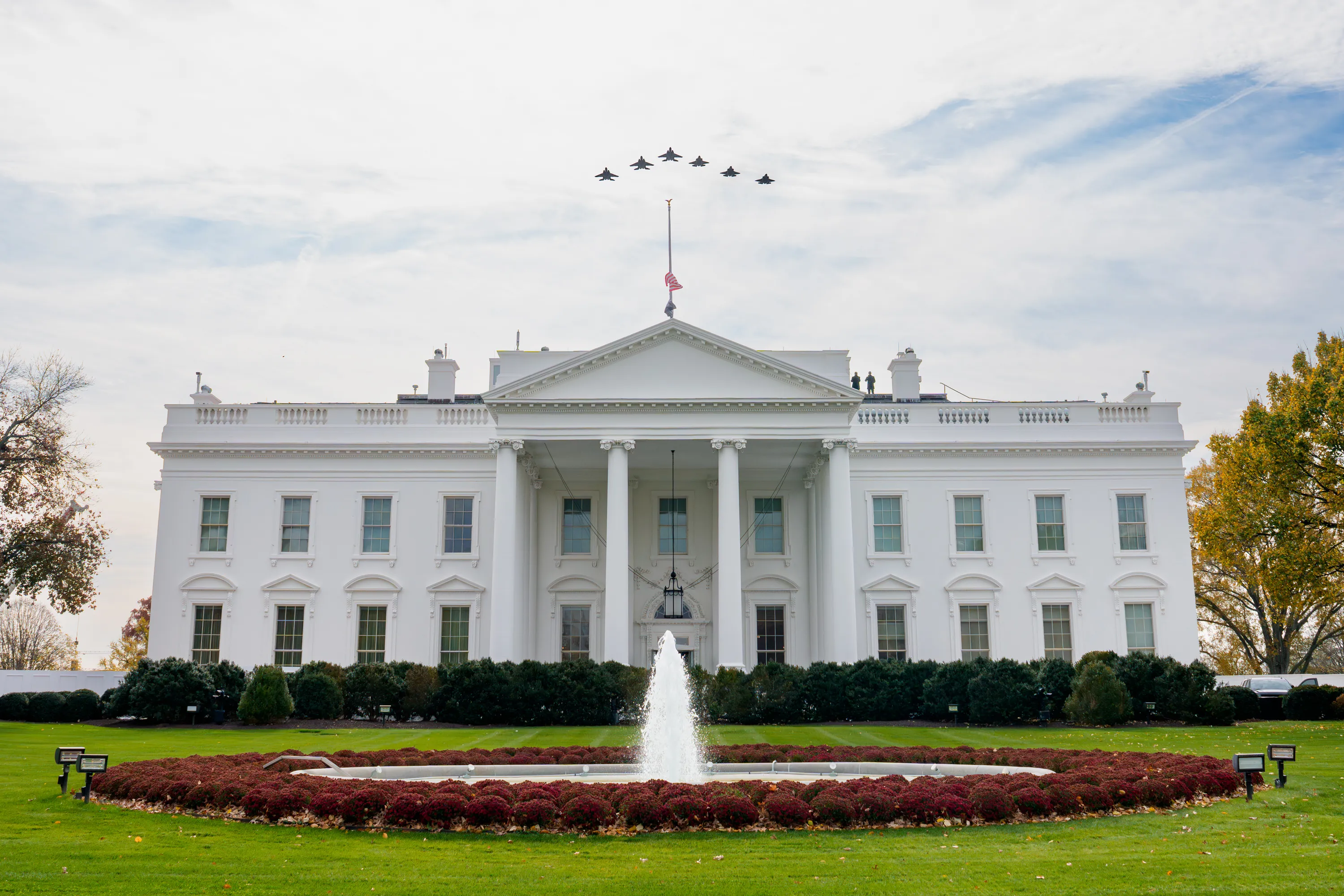 F-35 fighter jets fly over the North Side of the White House during the official Saudi Arabia visit, November 18, 2025.