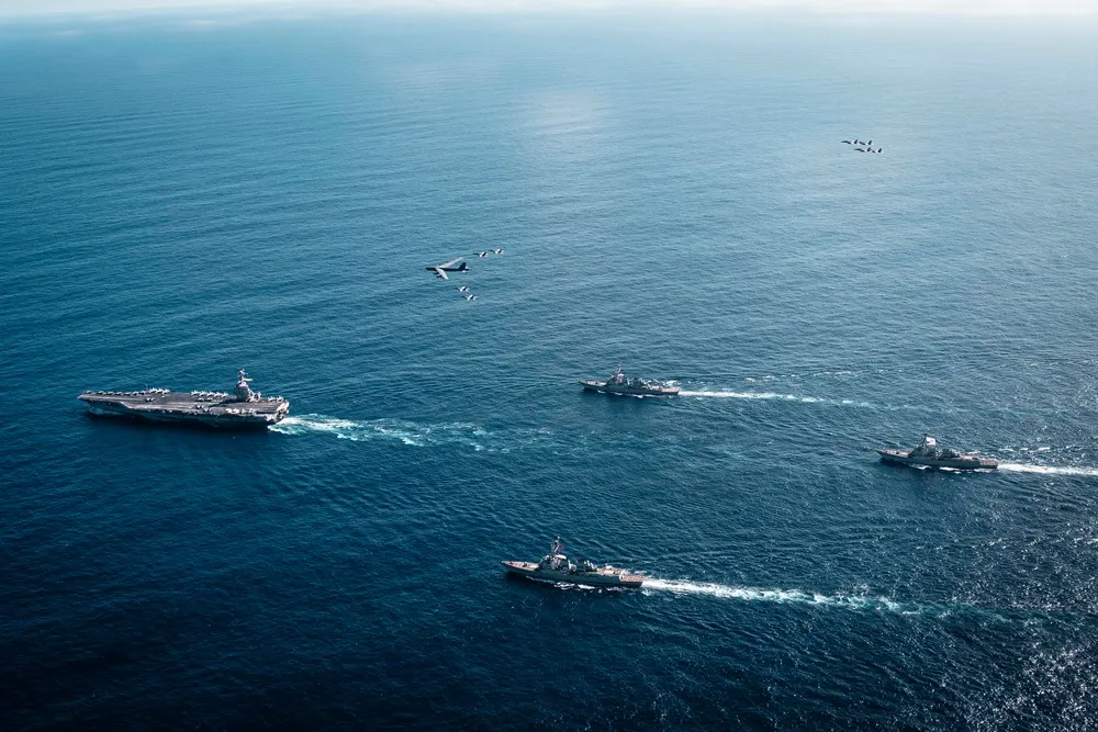 USS Gerald R. Ford Carrier Strike Group at sea; the President announced a new class of Navy battleships at Mar-a-Lago.