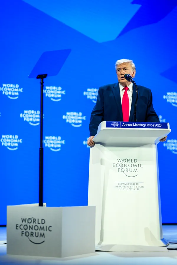 President Donald Trump delivers remarks at the World Economic Forum in Davos, Switzerland, January 21, 2026.