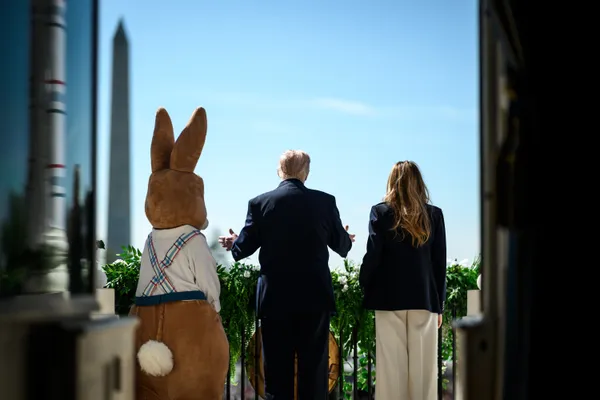 President Trump and First Lady Melania Trump at the 2026 White House Easter Egg Roll on the South Lawn.